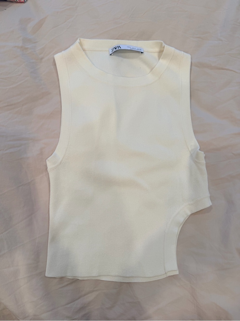 Zara Cream Asymmetric Cutout Ribbed Crop Top